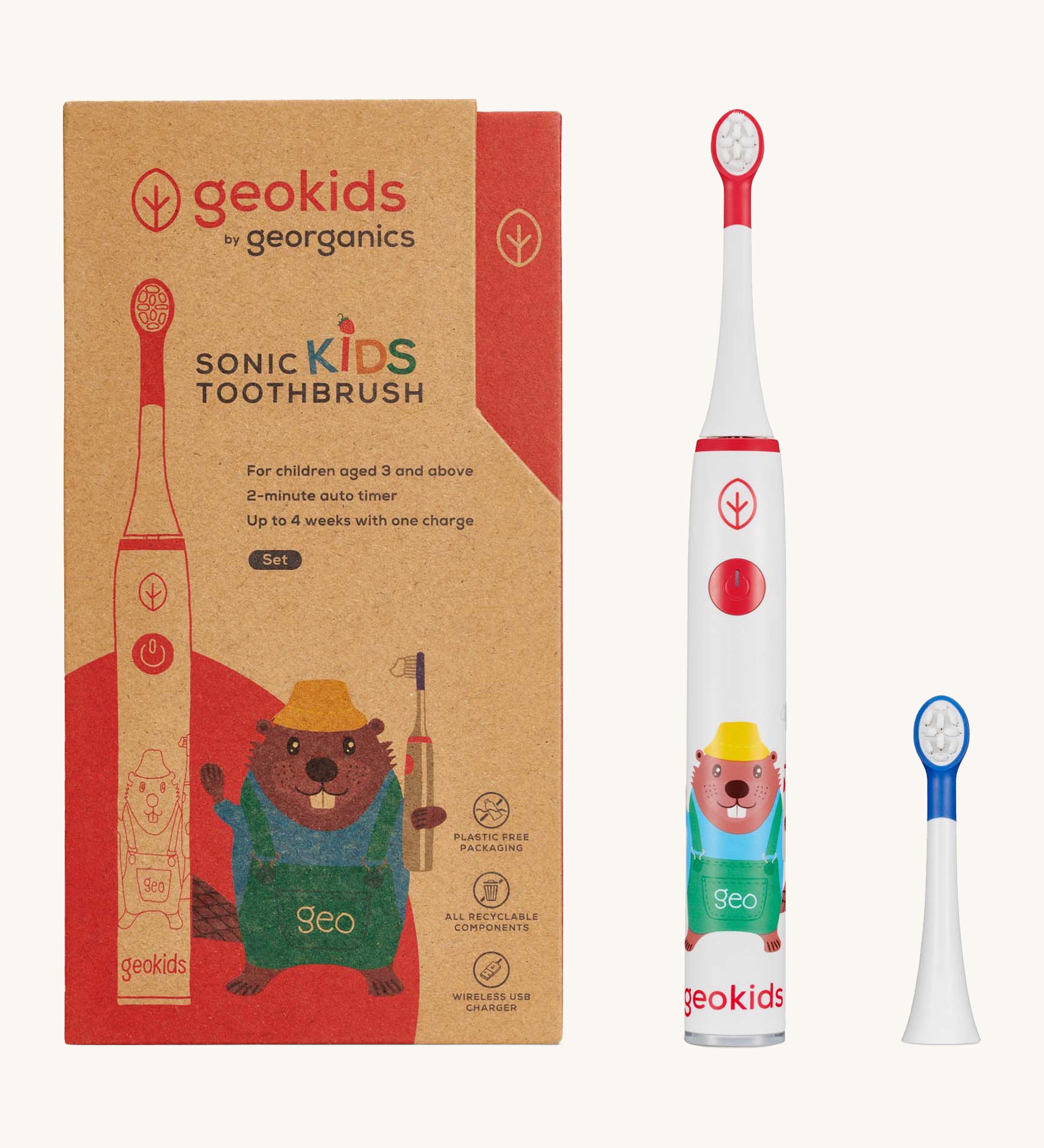 Georganics sonic kids toothbrush set. Including a white with red detail electric toothbrush with playful beaver design a replacement head with blue detail