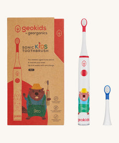 Georganics sonic kids toothbrush set. Including a white with red detail electric toothbrush with playful beaver design a replacement head with blue detail