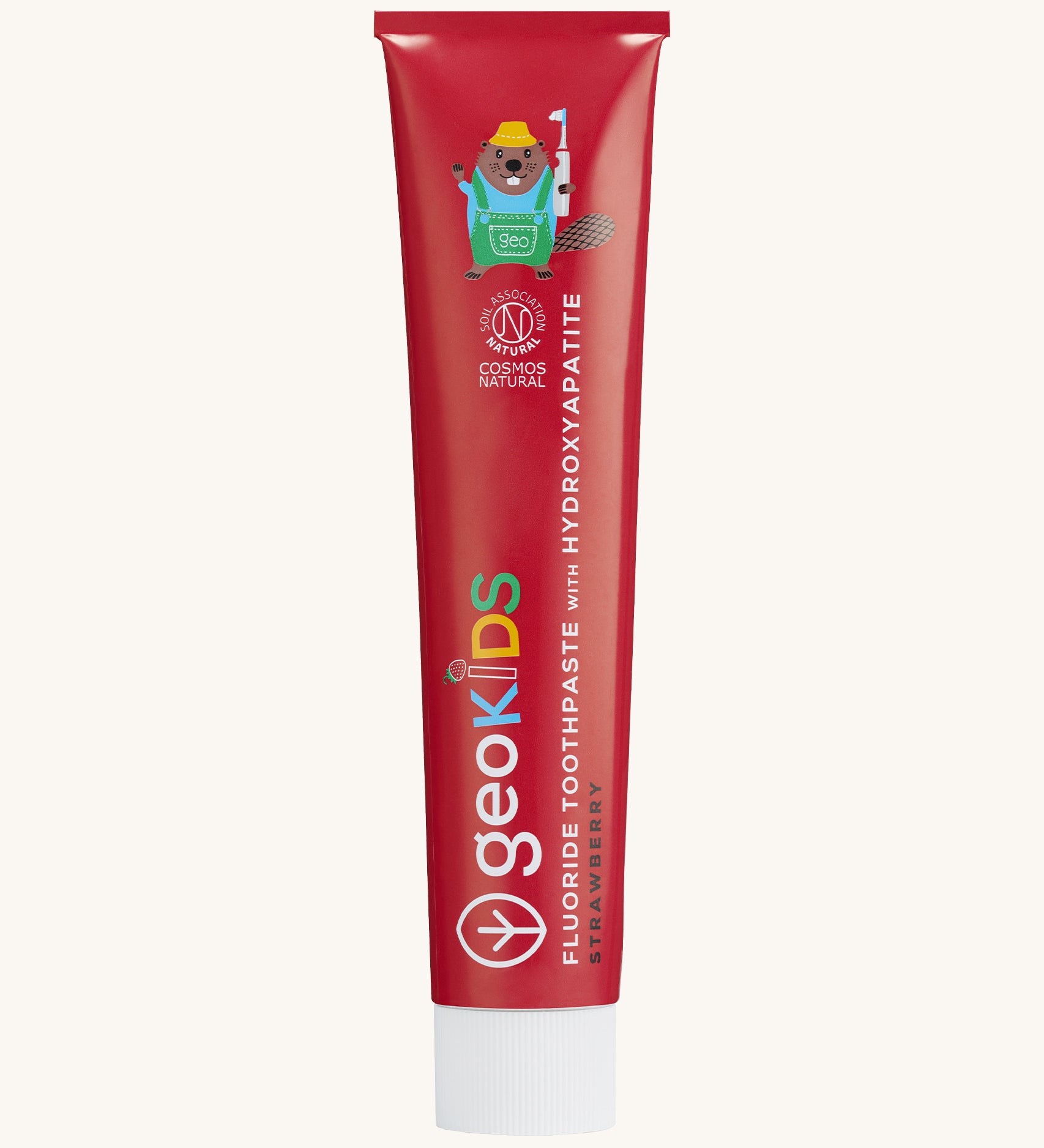 Front view of the Georganics strawberry hydroxyapatite toothpaste. A red tube with white lid. Features a playful beaver design and white branding text