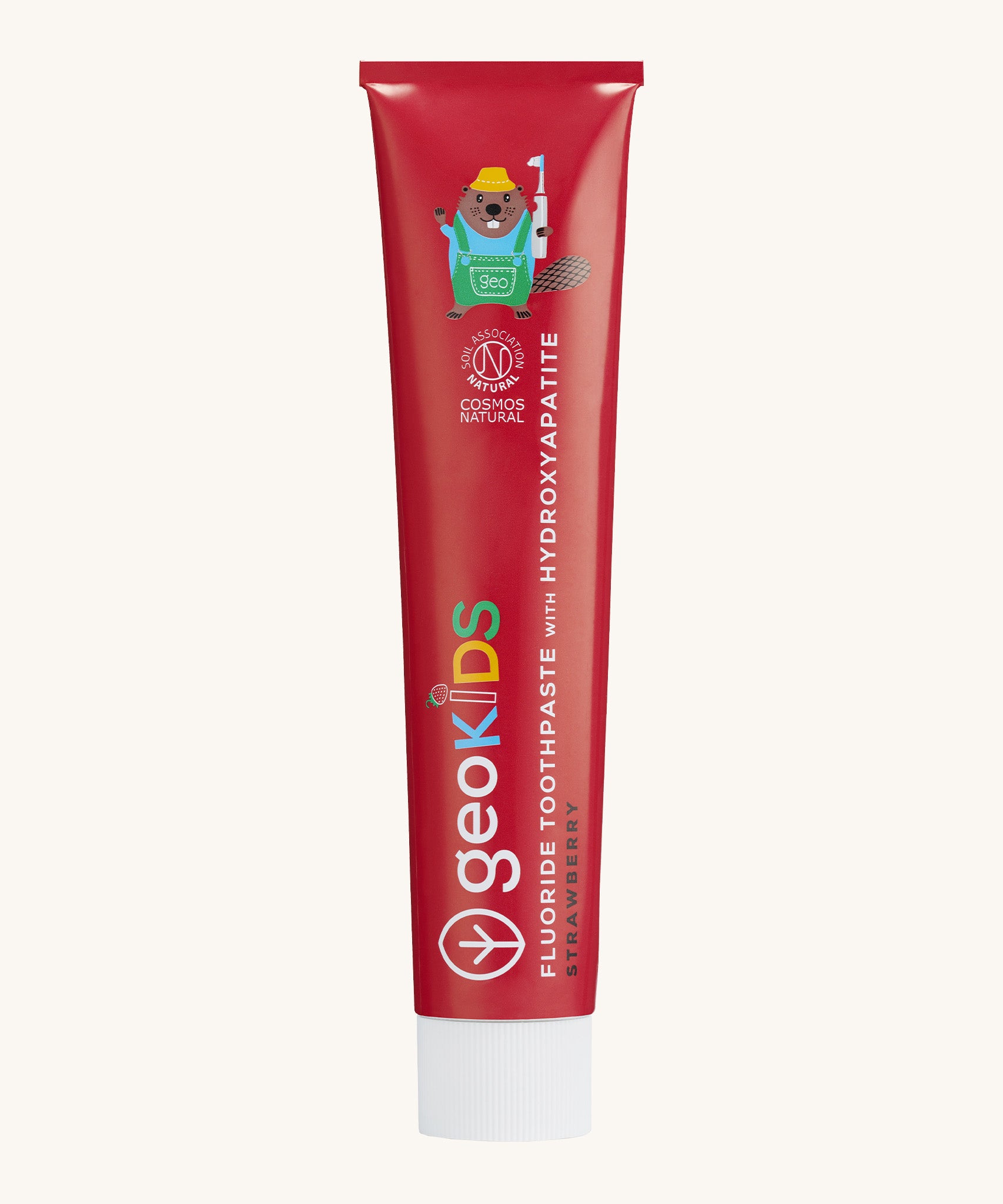 Front view of the Georganics strawberry hydroxyapatite toothpaste. A red tube with white lid. Features a playful beaver design and white branding text