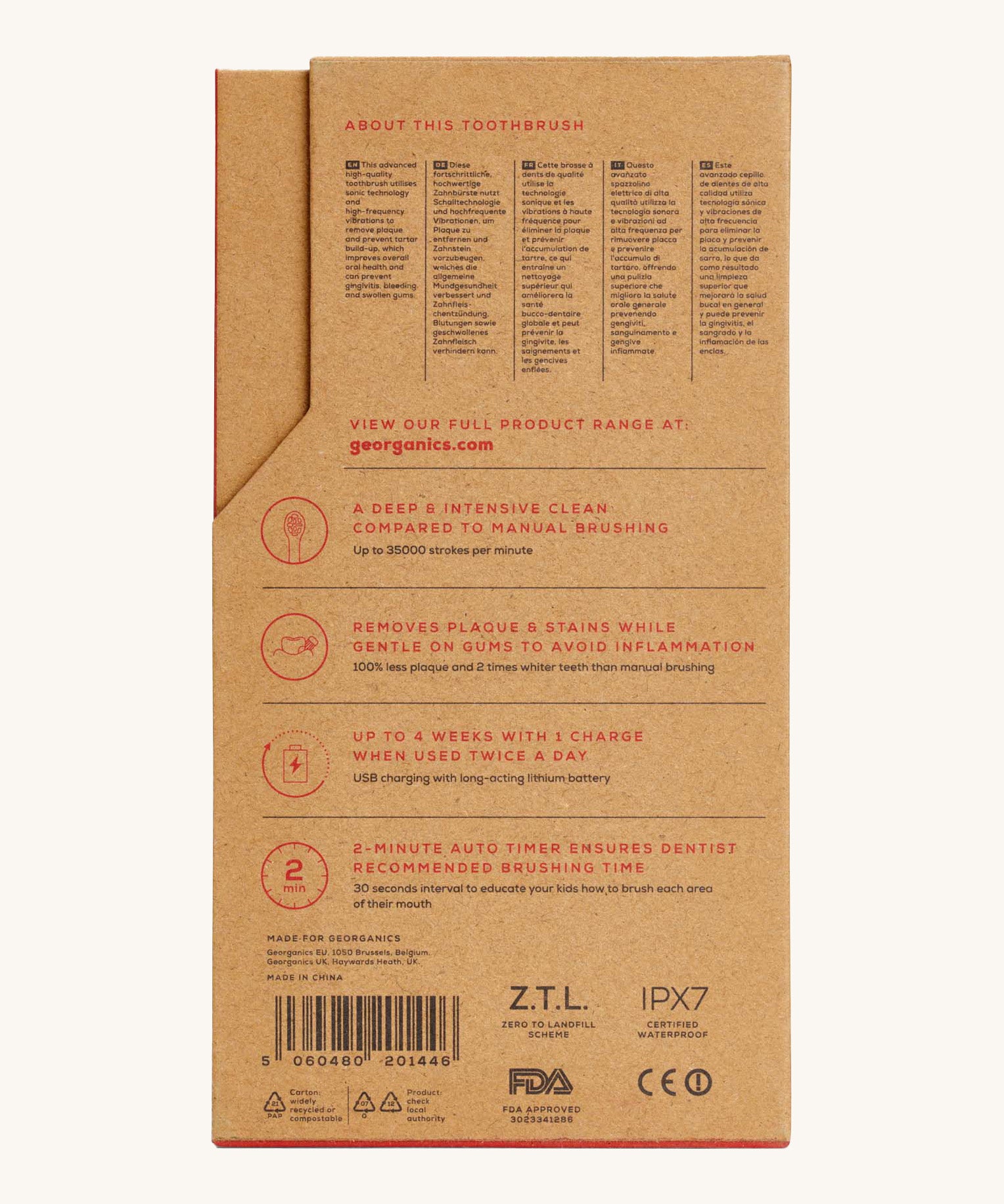 Back view of the Georganics kids sonic toothbrush cardboard packaging showing the features and information.