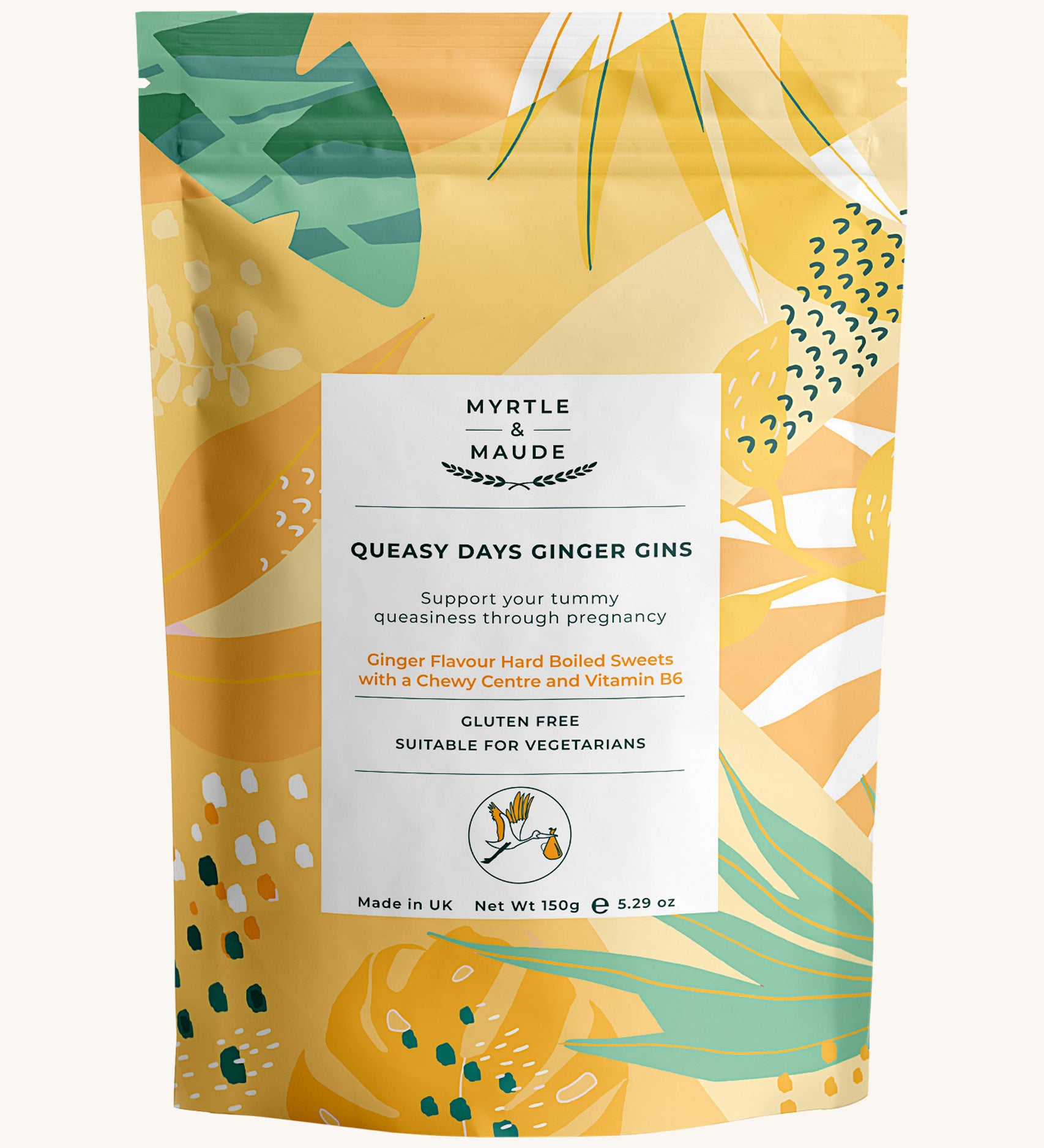 Yellow with leaves ginger gins sweet pouch on a cream background.