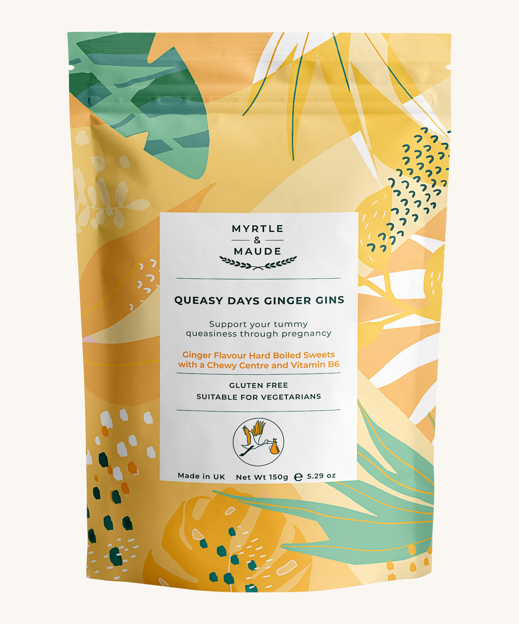 Yellow with leaves ginger gins sweet pouch on a cream background.