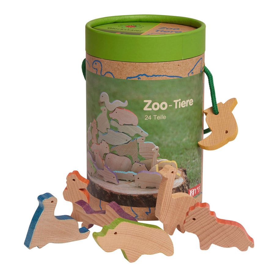 Gluckskafer wooden zoo animal toys on a white background next to their cardboard tube