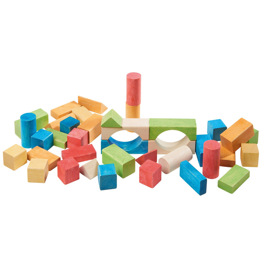 Picture of the Glückskäfer Wooden Bio Geometric Building Blocks; multicoloured wooden blocks in different shapes