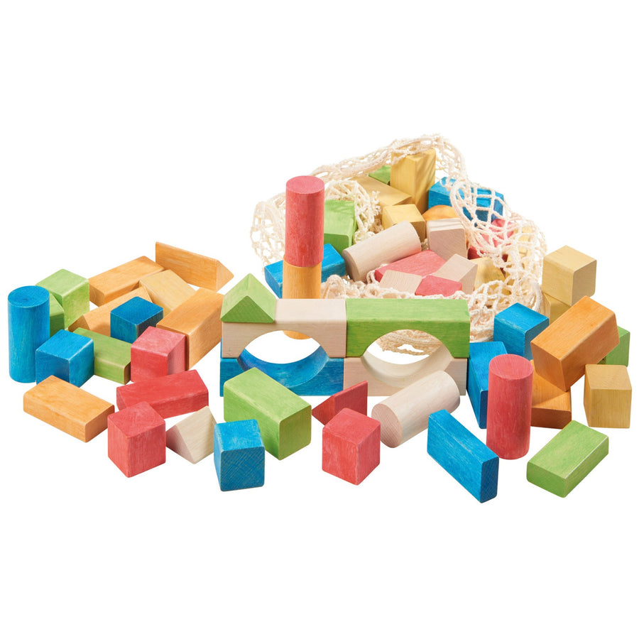 Picture of the Glückskäfer Wooden Bio Geometric Building Blocks; multicoloured wooden blocks in different shapes