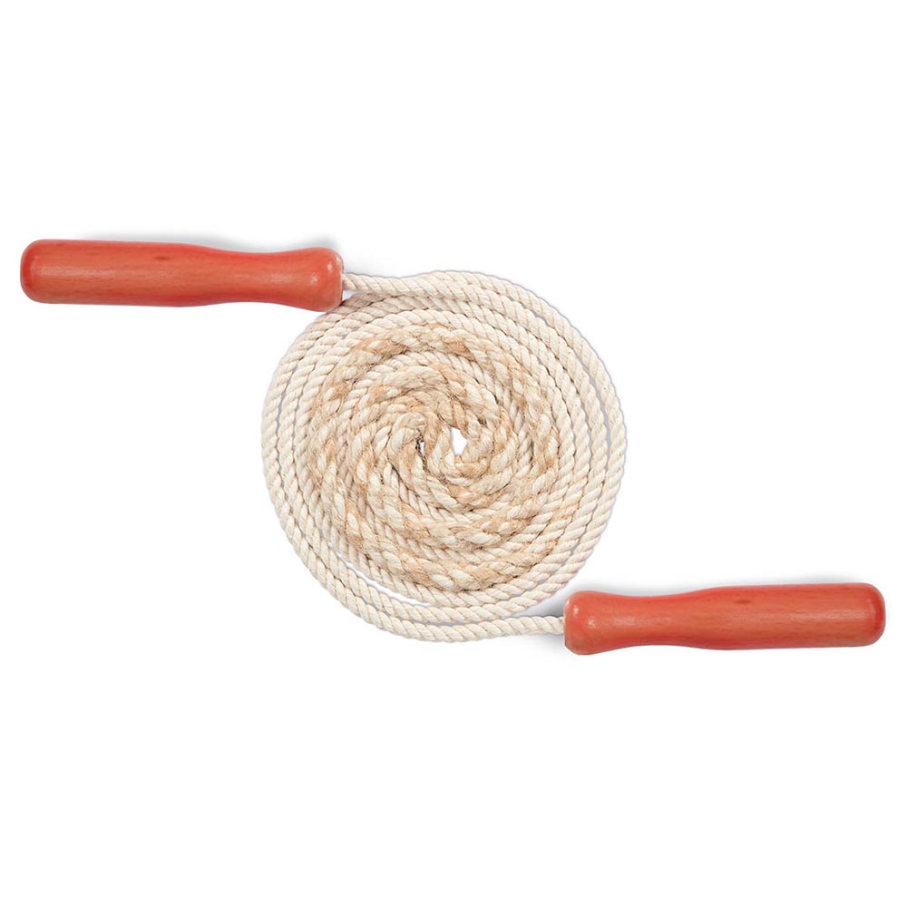 Gluckskafer eco-friendly childrens skipping rope with red handles rolled up in a circle on a white background