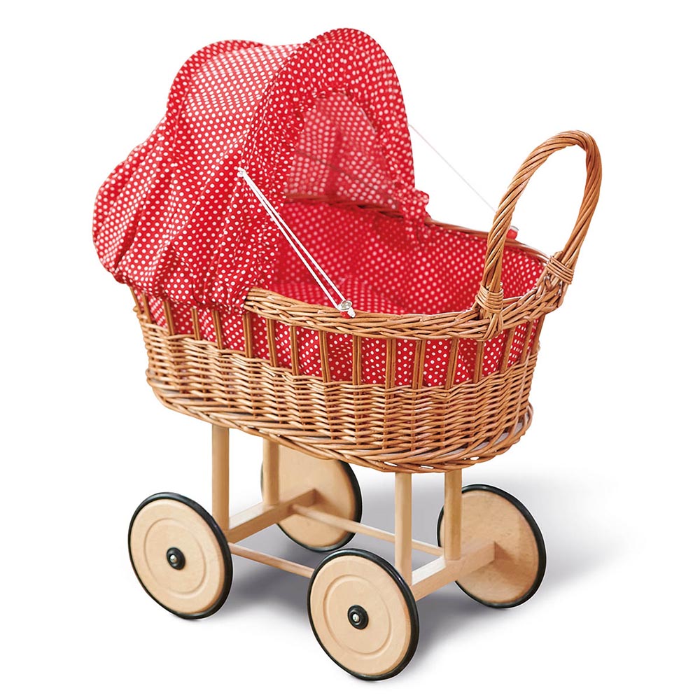 Gluckskafer eco-friendly dolls wicker bassinet pram on a white background