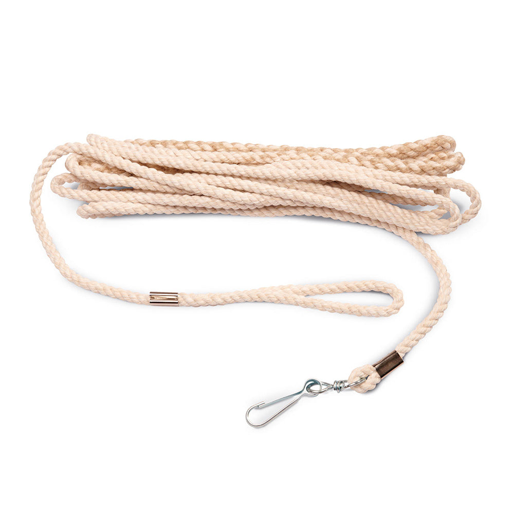 Gluckskafer childrens 5 metre outdoor rope swing with metal hook rolled up on a white background