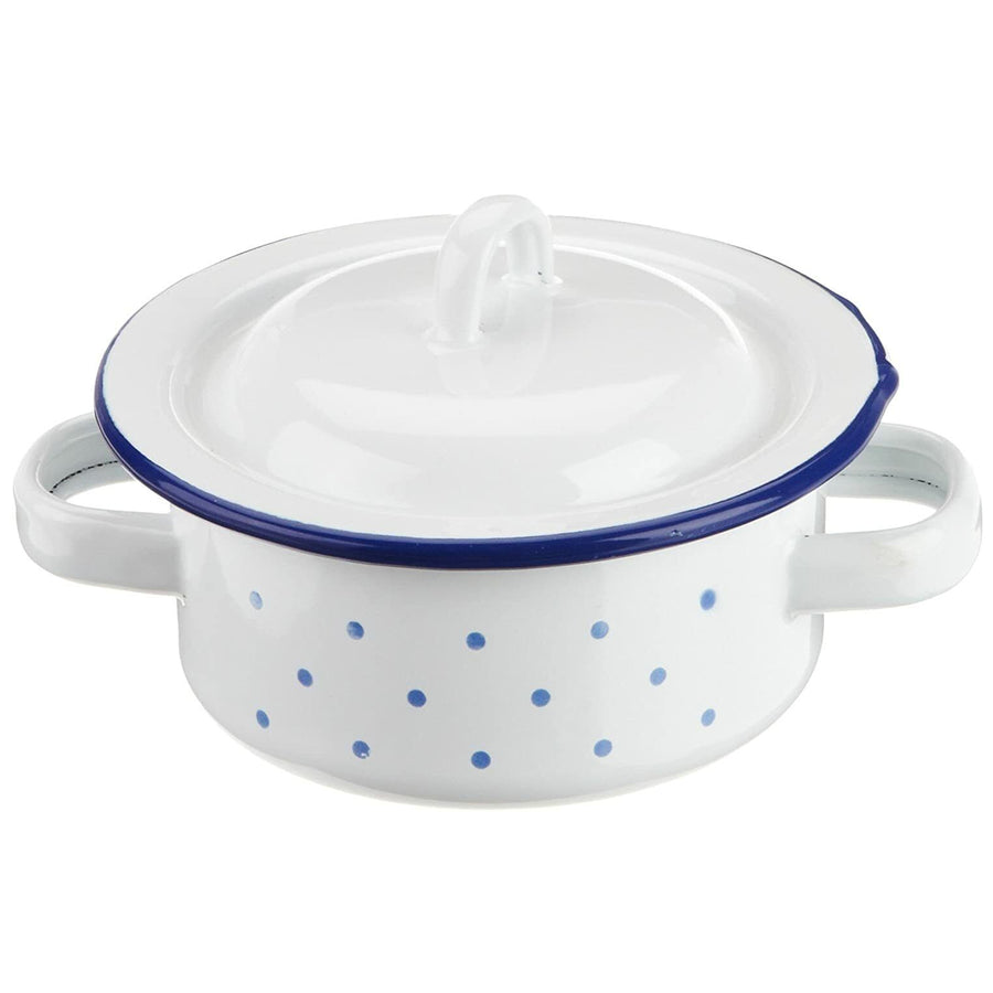 Glückskäfer Enamel Toy Cooking Pot a white low saucepan with blue rim lid and blue dots on the edge