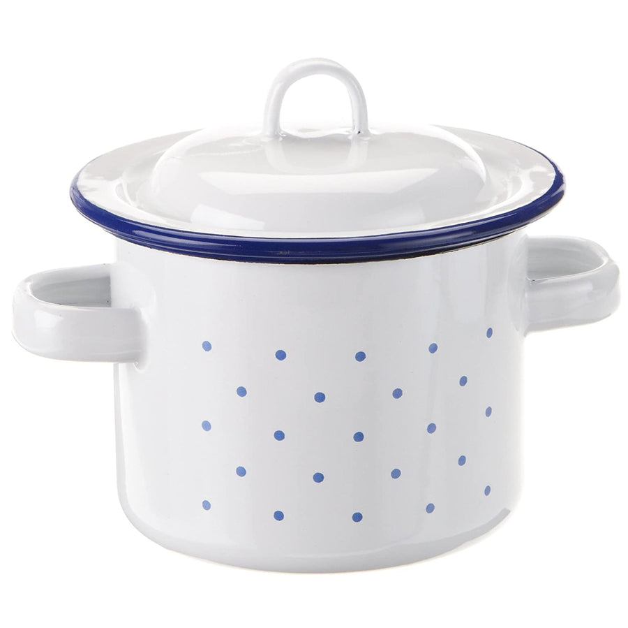 Glückskäfer Enamel Toy Cooking Pot a white high saucepan with blue rim lid and blue dots on the edge