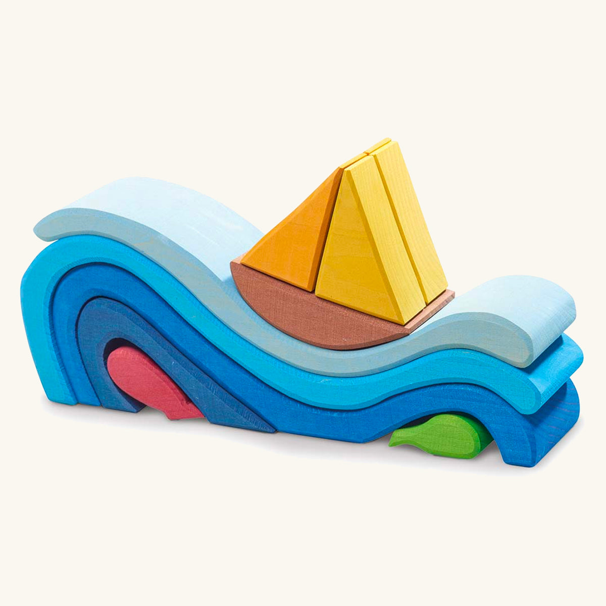 Gluckskafer kids plastic-free stacking wooden wave boat set on a beige background