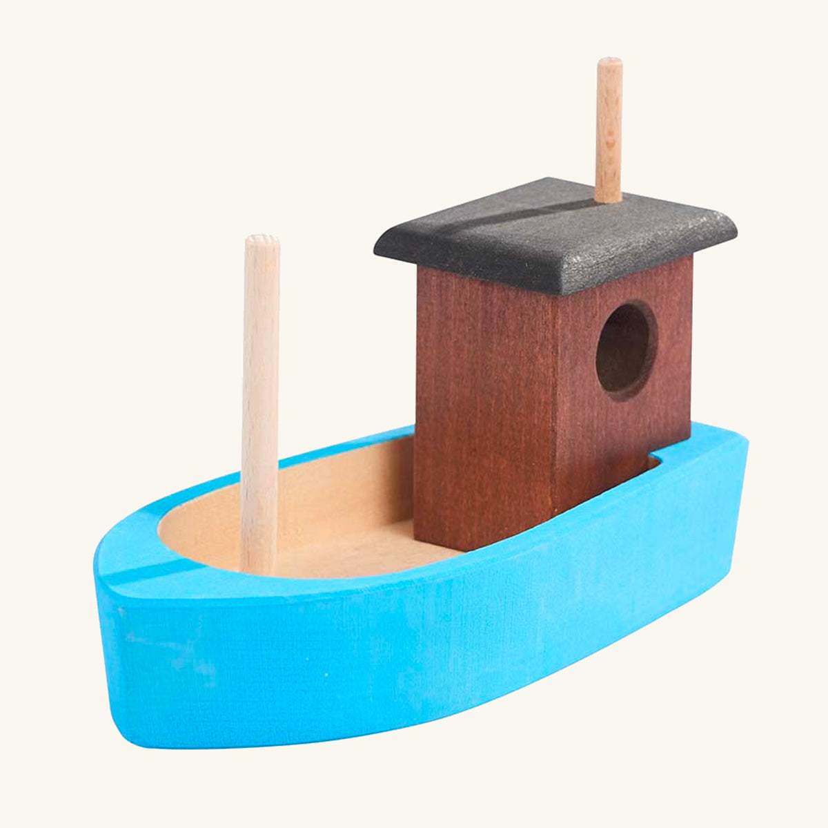 Gluckskafer kids wooden fishing boat toy on a beige background