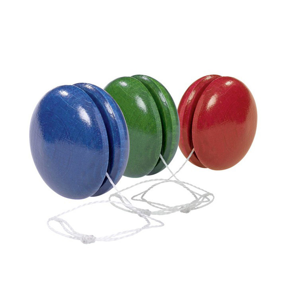 3 wooden Gluckskafer yoyo toys in blue, green and red on a white background