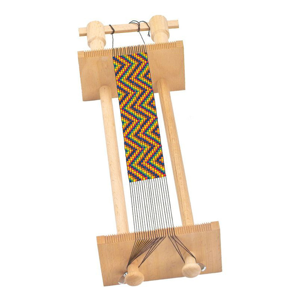 Gluckskafer wooden bead weaving frame toy on a white background