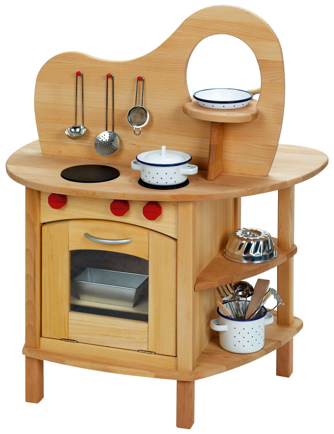 A close up of the Gluckskafer tall cooking pot placed on a shelf of the Gluckskafer toy kitchen island