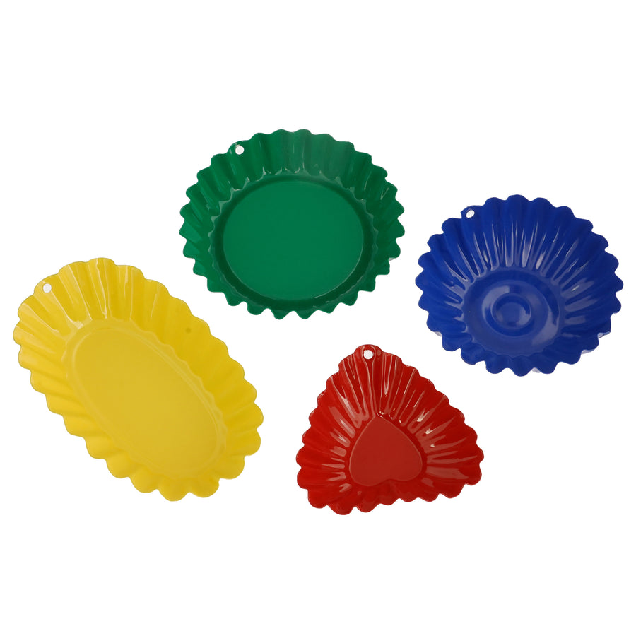 Glückskäfer Metal Sand Mould Set consists of 4 colourful sand moulds in 
 a red heart, a green shallow circle, a deep blue circle and a yellow oval