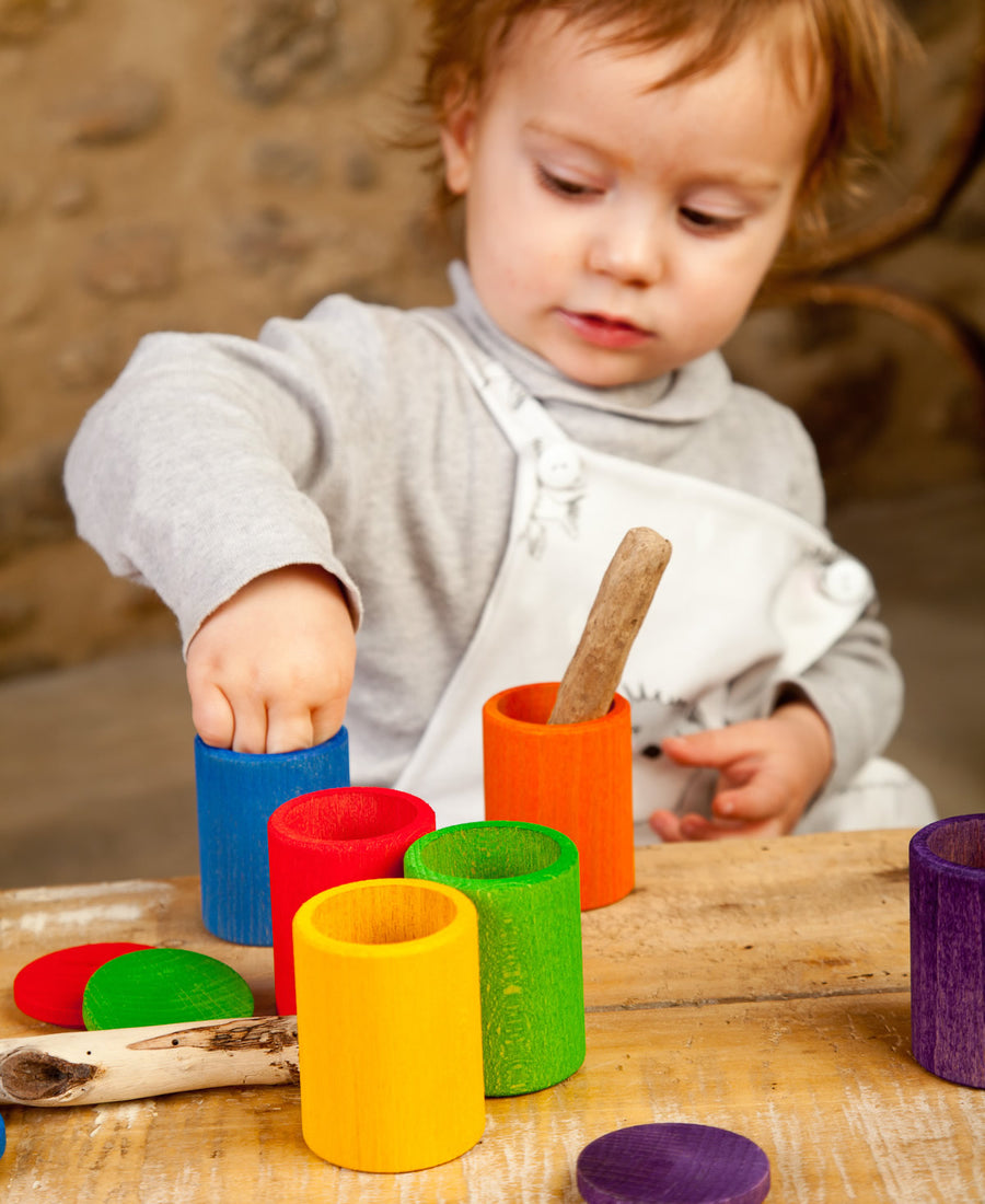 Grapat 6 Wooden Toy Rainbow Cups with lids on