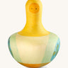 Grapat yellow flowing bird - A vibrant tactile wooden yellow wobbly bird with hand painted small face with light green and blue feathers 