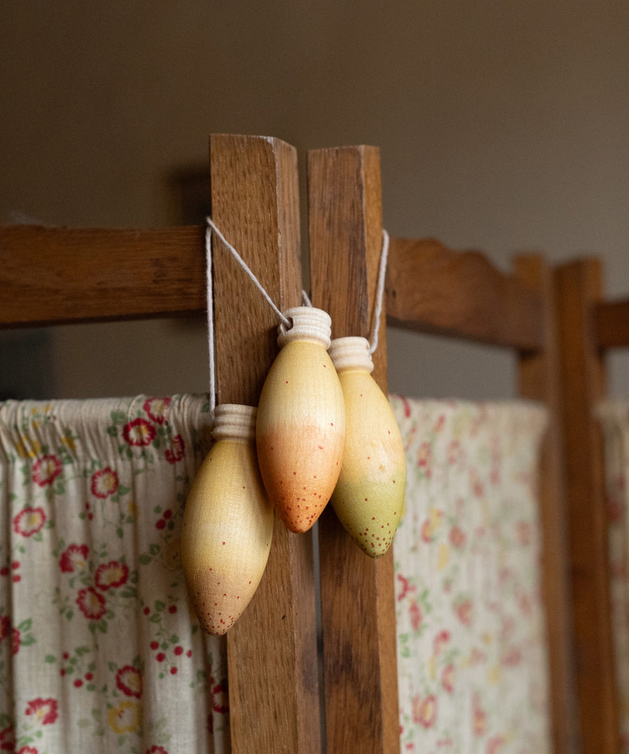 light purple, orange and green wooden Grapat glow lamps hanging on a wooden frame