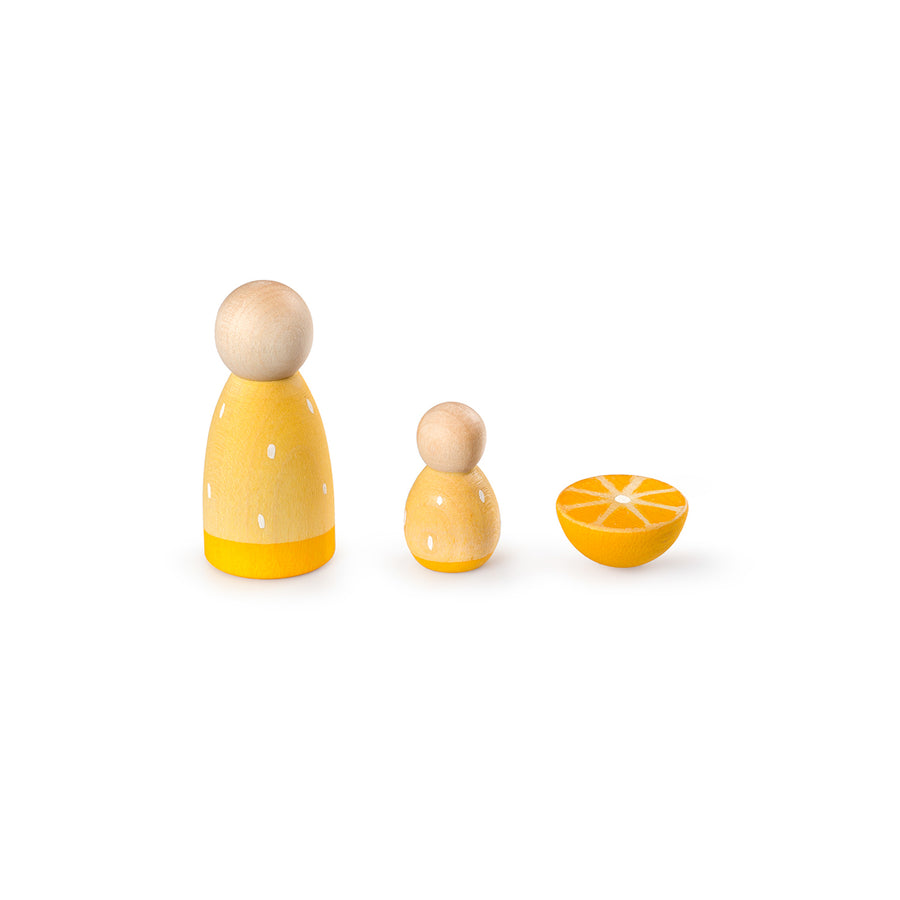 Lemon Whispers Grapat Lucky Lucky Surprise Box - Third Edition. Two lemon painted wooden figures and a lemon slice