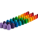 32 multicoloured Grapat Mandala Rainbow Eggs lined up in rows on a white background.