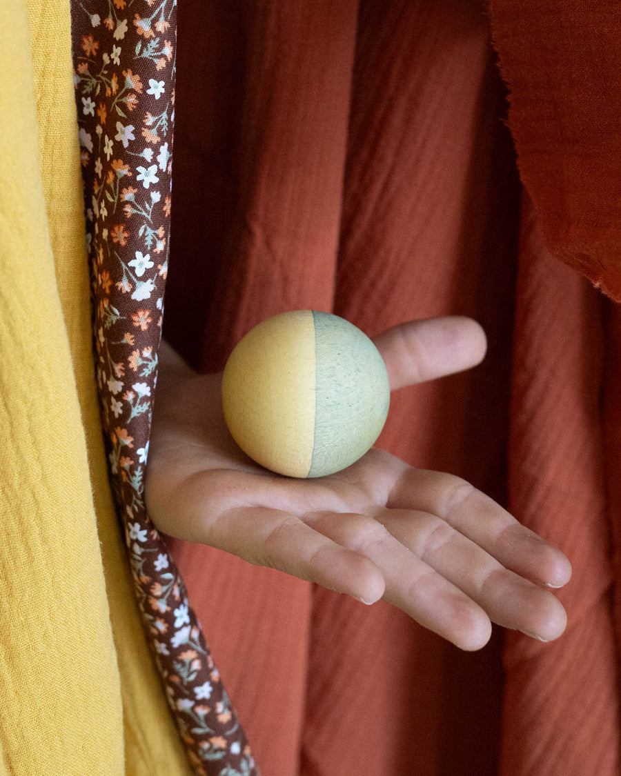 A close up of the wooden bird and two colourful mushrooms from the Grapat Moonlight Tale Play Set