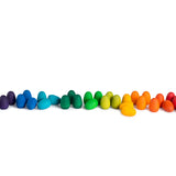 32 multicoloured Grapat Mandala Rainbow Eggs lined up on a white background.