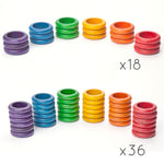 Grapat Loose Parts Wooden Rainbow Rings 6 Colours Supplementary Set, stacked in sets of 18 and 36