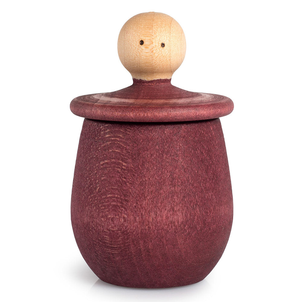 Red Grapat Little Thing wooden pot with lid flipped over