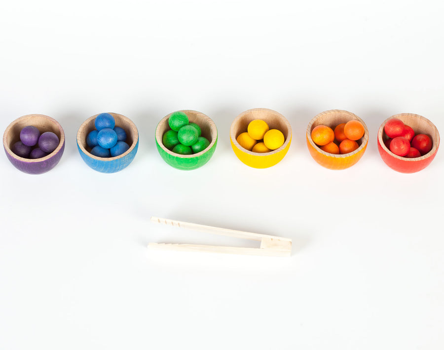 Grapat Wooden Toy Bowls & Marbles Set - 36 marbles and 6 small wooden sorting bowls in 6 rainbow colours