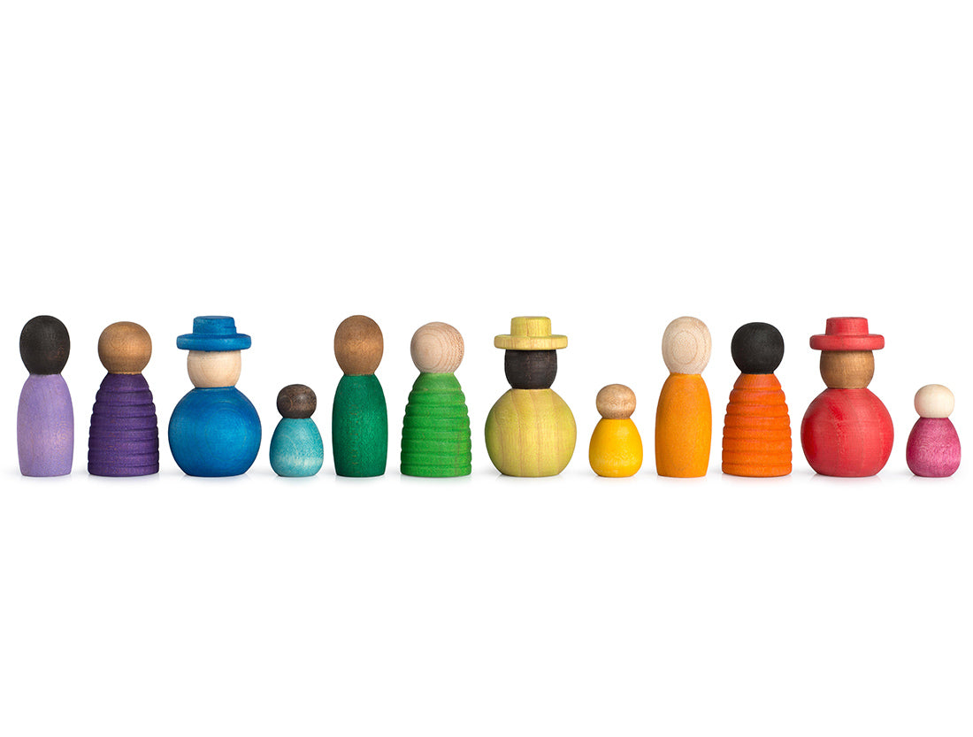 12 Grapat Together wooden figures lined up in a row on a white background.