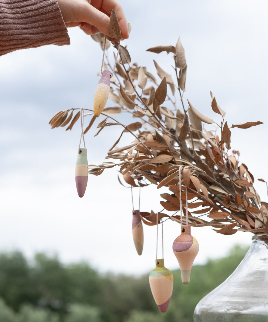 Multicoloured wooden Grapat twinkle decorations hanging on a tree