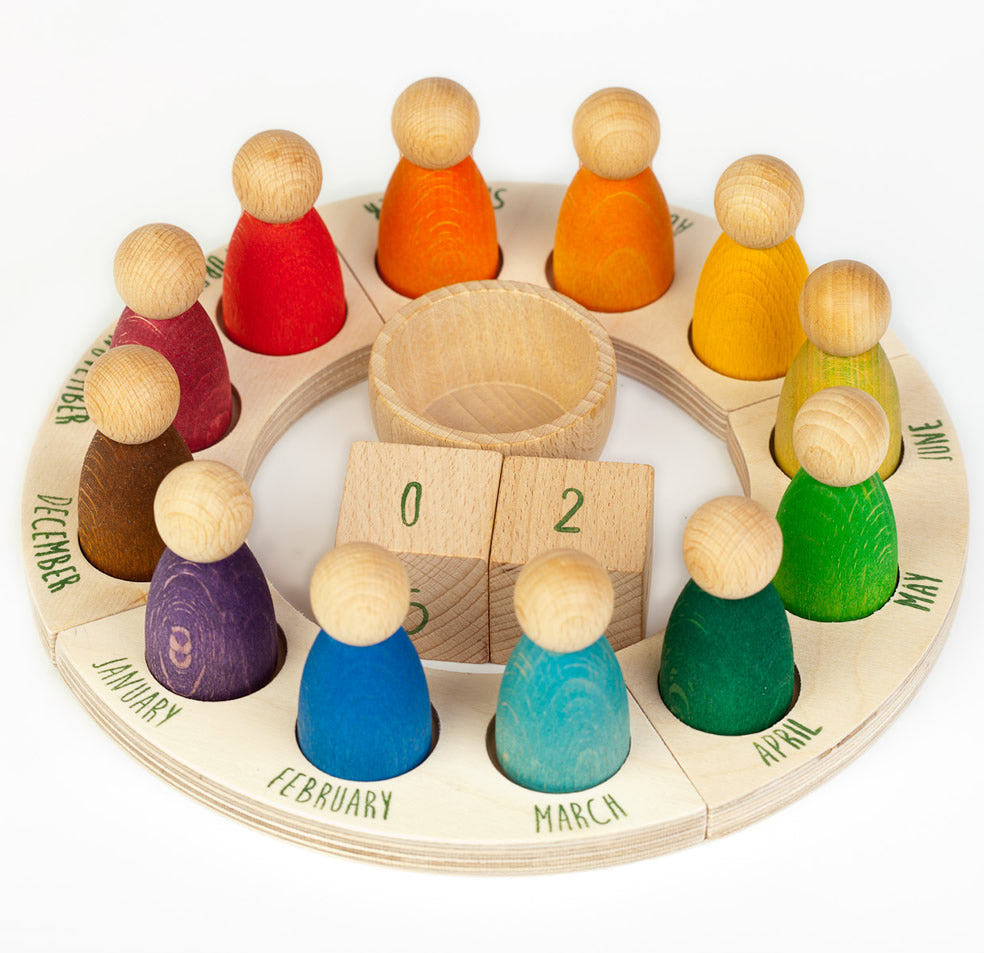 Grapat English Perpetual Calendar displaying the 12 nin peg dolls in colours representing the months of the year according to Waldorf teachings. The display ring has each month written in English around the edge and two cubes in the centre to mark the day