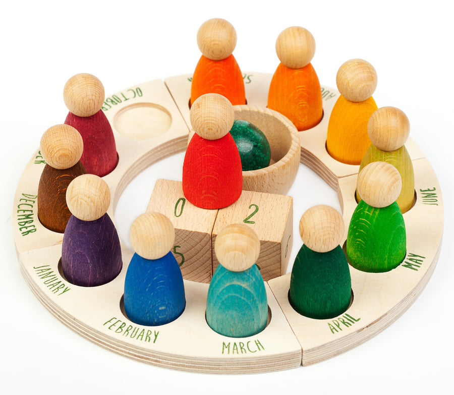 Grapat English Perpetual Calendar displaying the 12 nin peg dolls in colours representing the months of the year according to Waldorf teachings. The display ring has each month written in English around the edge and two cubes in the centre to mark the day