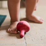 Grapat wooden pink chill bird on a floor next to feet