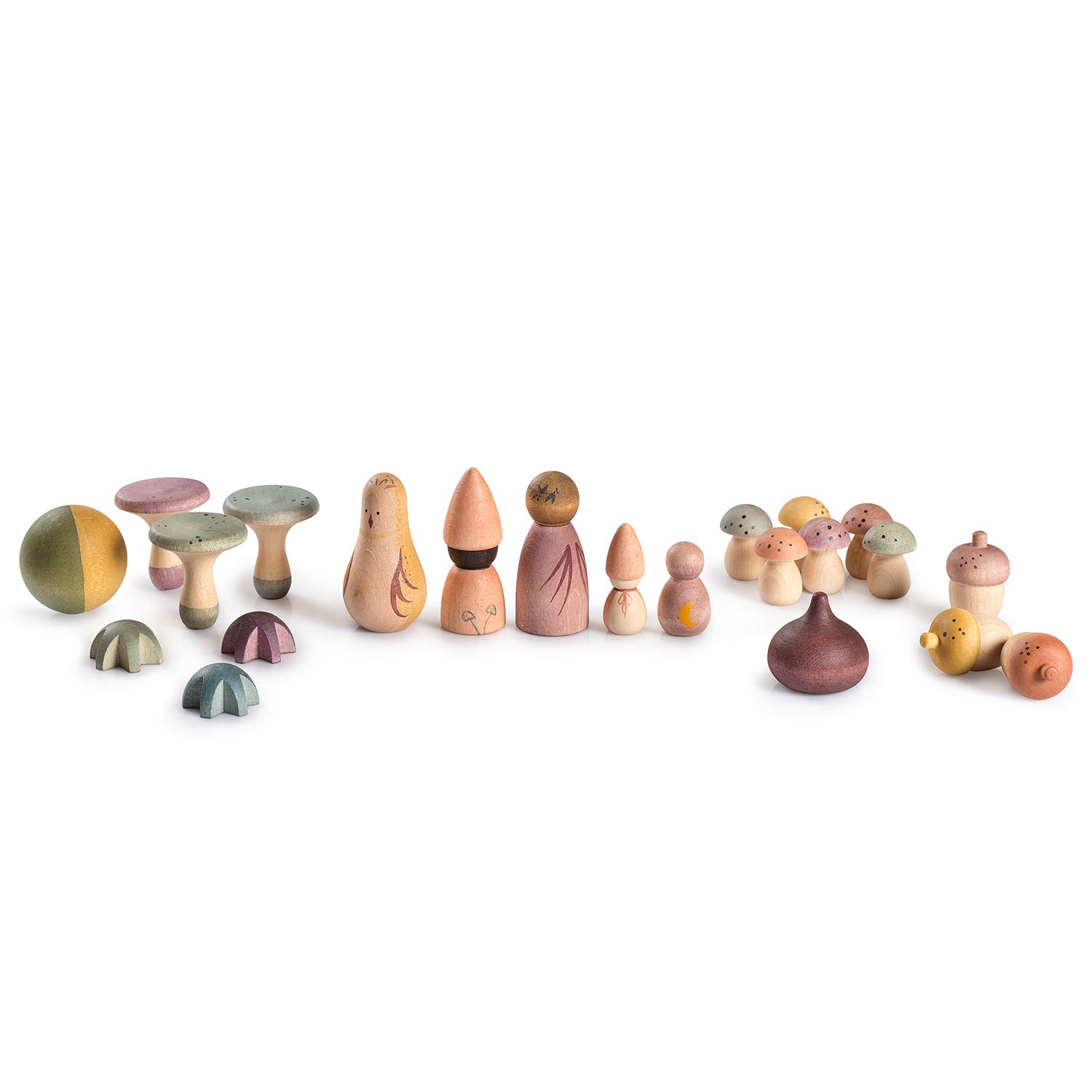 Grapat Moonlight Tale Play Set. Various handmade and hand painted wooden figures of mushrooms