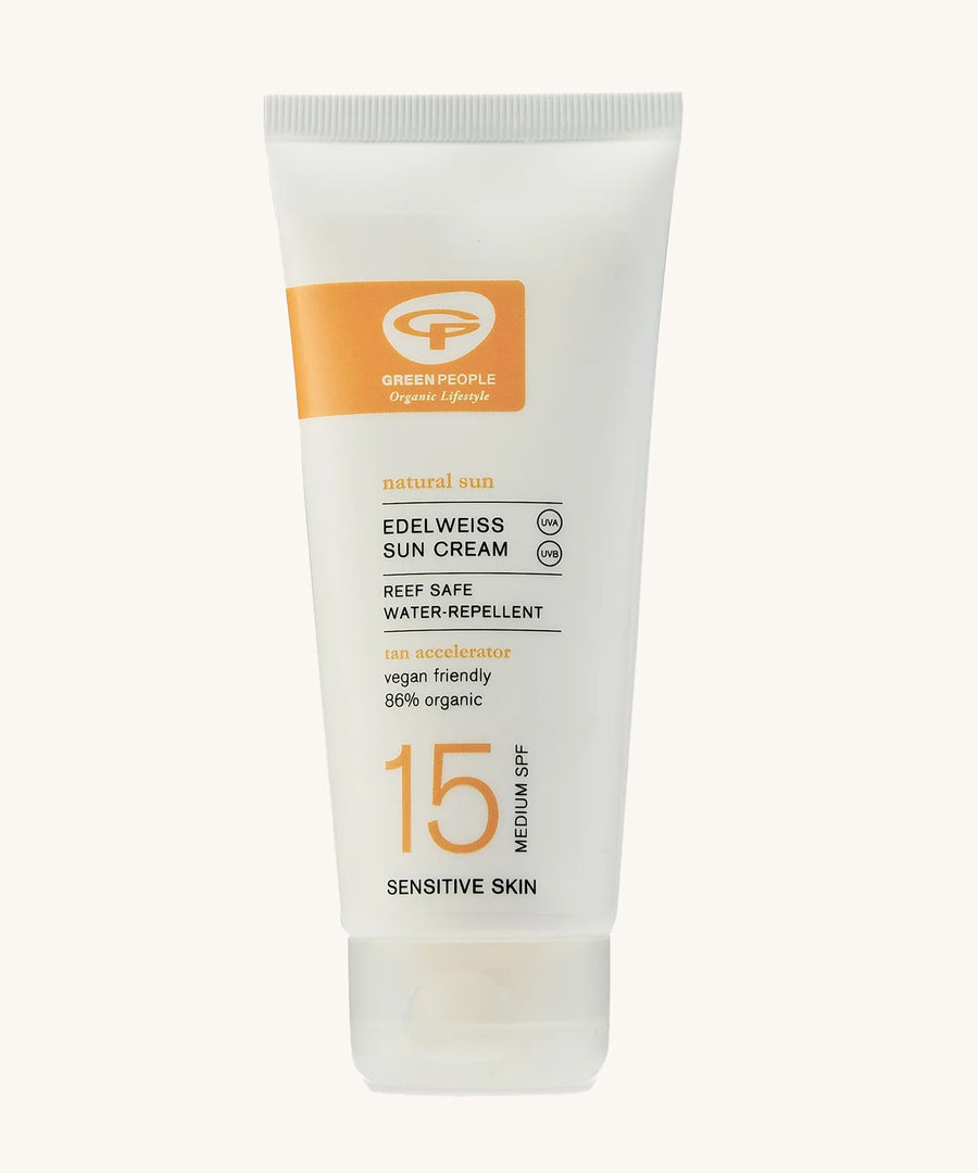 Green People SPF15 Edelweiss Tan Accelerator Sun Lotion 100ml on a plain background. 