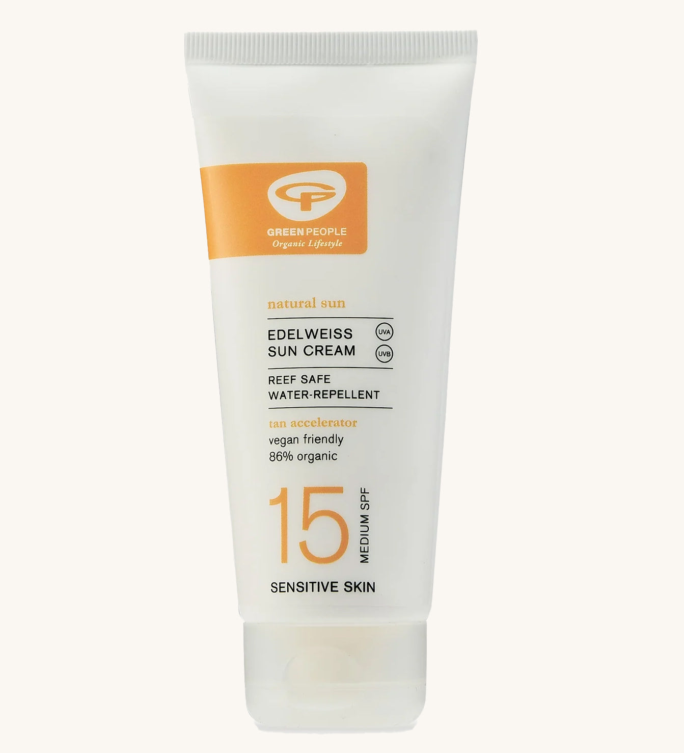 Green People SPF15 Edelweiss Tan Accelerator Sun Lotion 100ml on a plain background. 