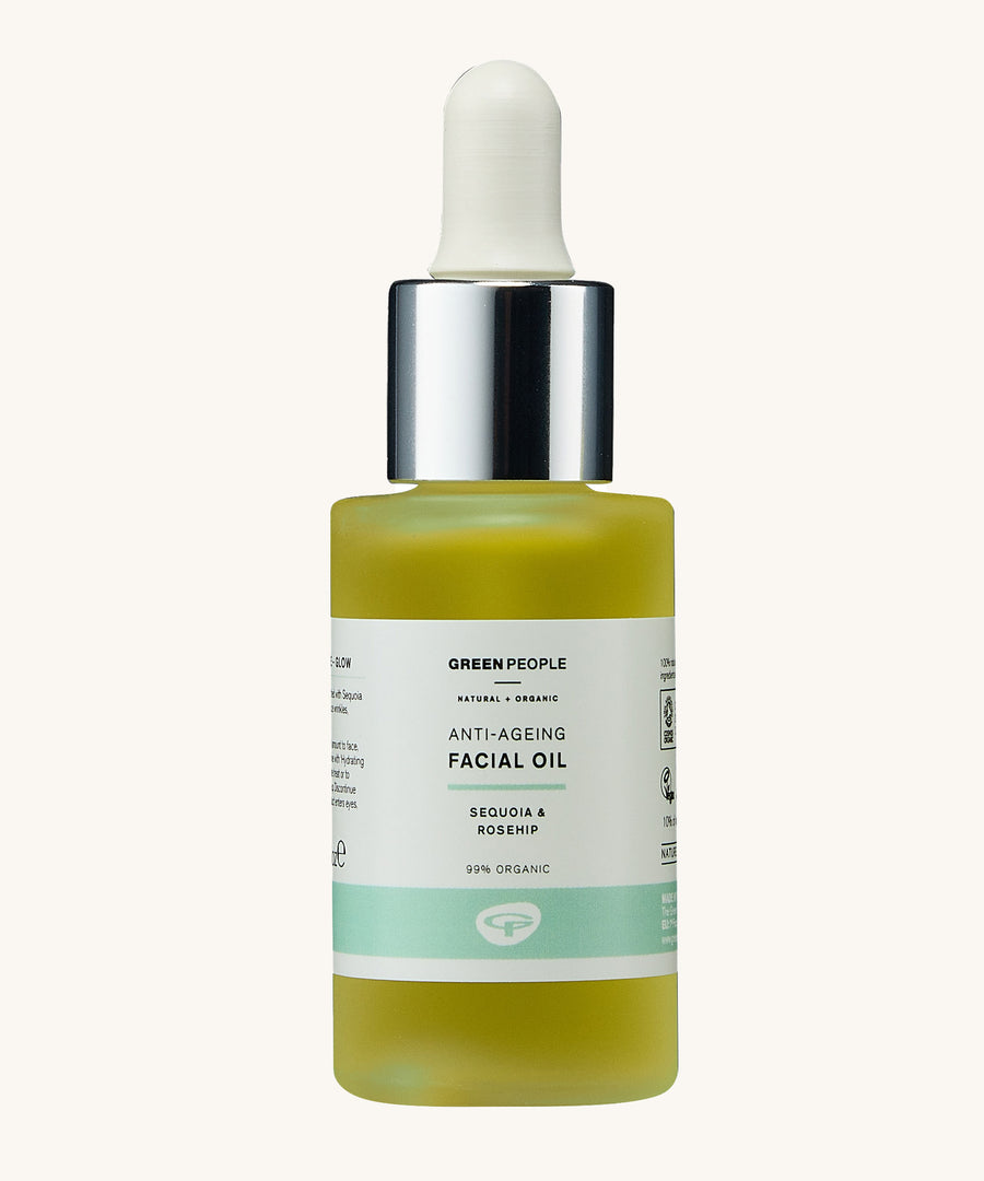 Green People Anti-Ageing Facial Oil on a plain background. 