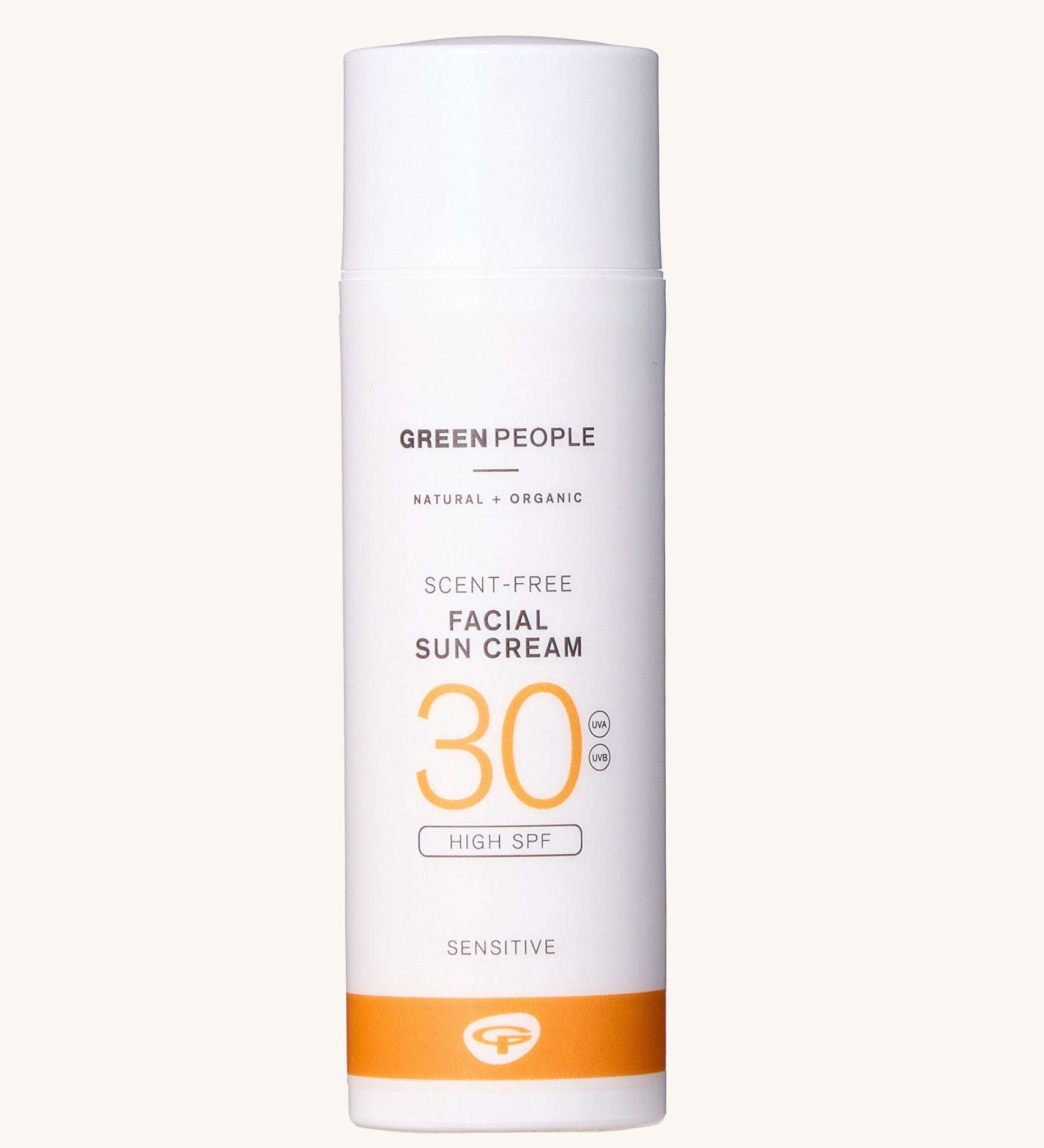 Green People Facial Sun Cream SPF30 in a 50ml tube on a plain background. 