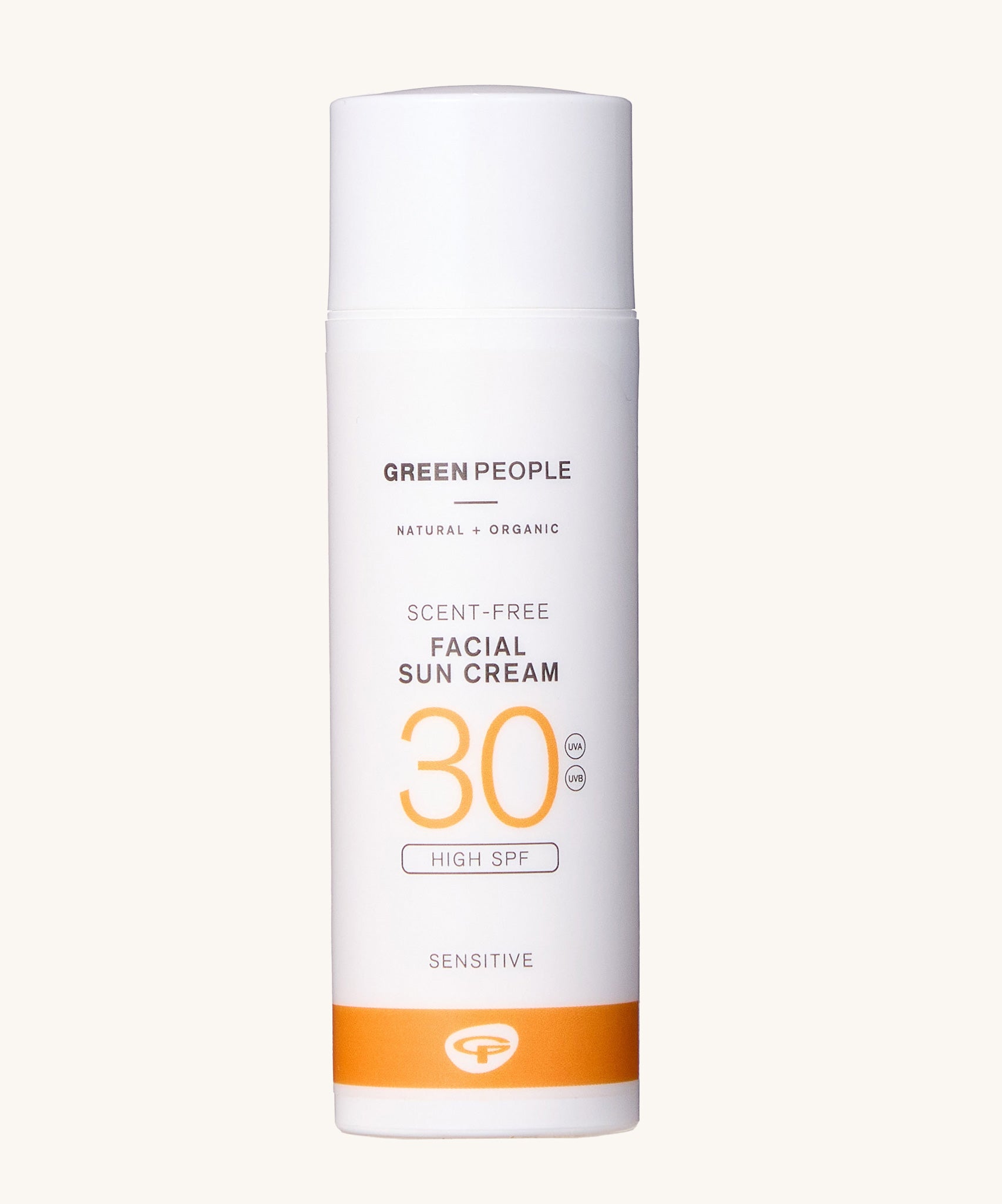 Green People Facial Sun Cream SPF30 in a 50ml tube on a plain background. 