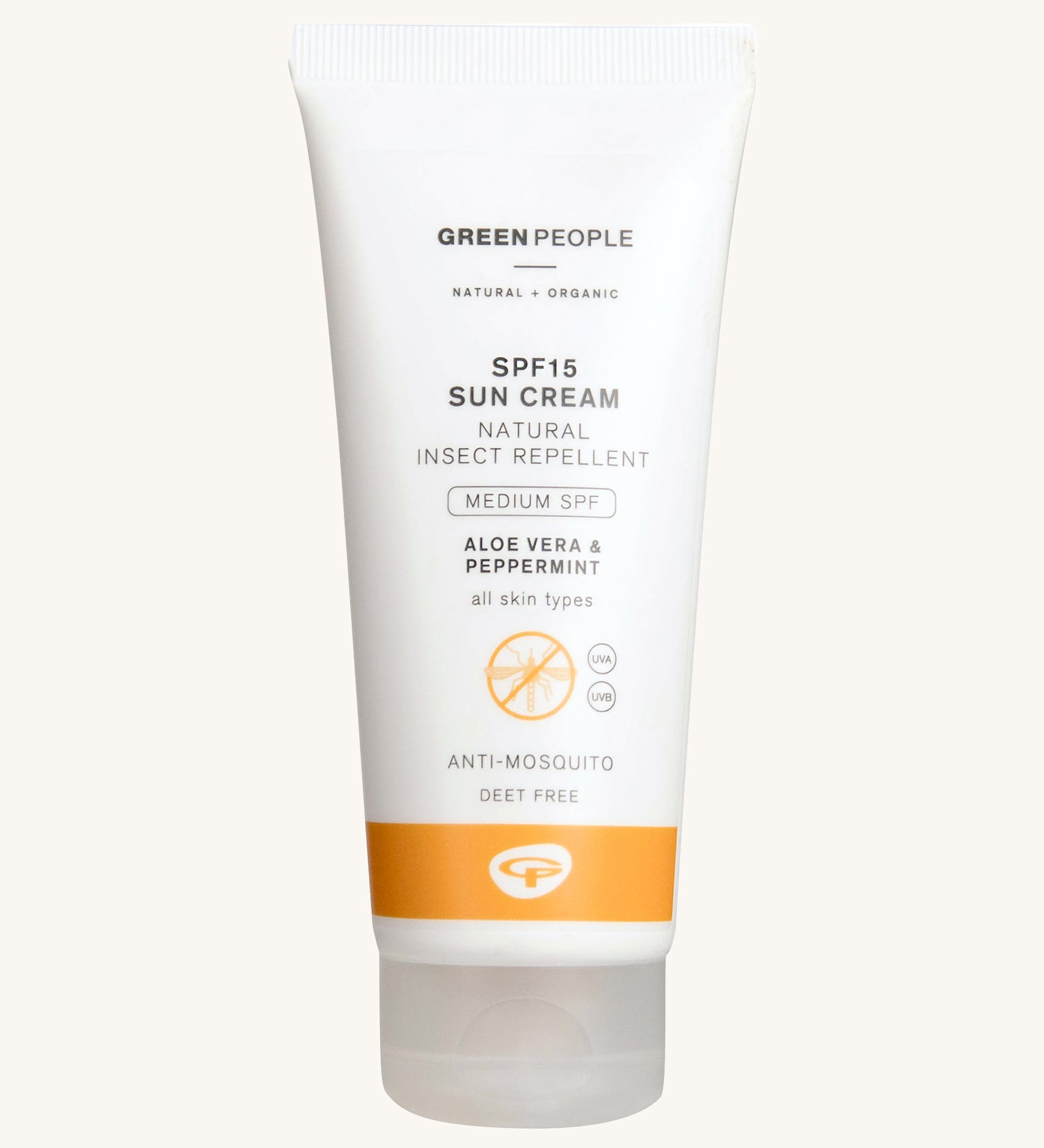 Green People Mineral Sun Cream SPF 15 with Natural Insect Repellent 100ml bottle on a white background