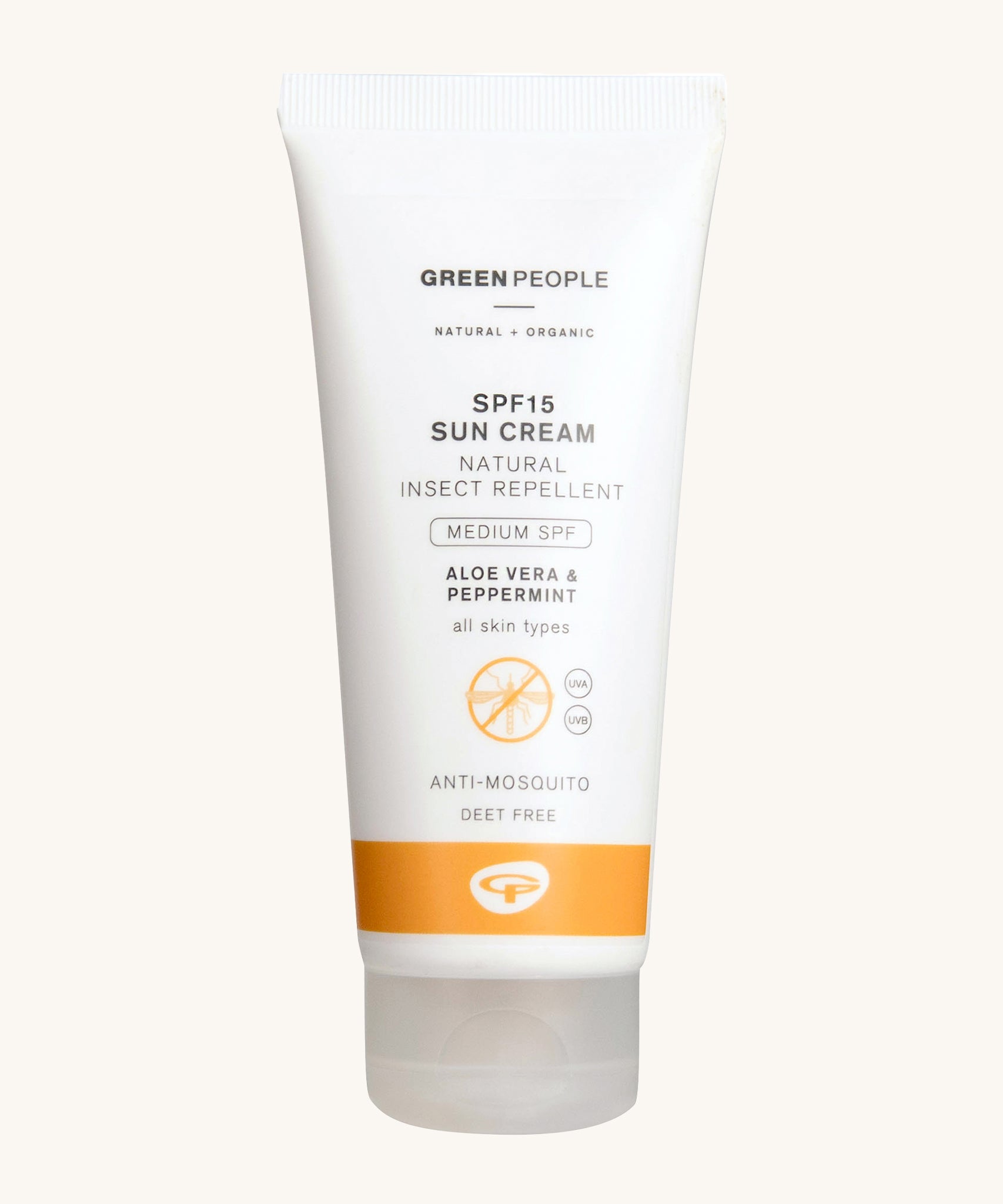 Green People Mineral Sun Cream SPF 15 with Natural Insect Repellent 100ml bottle on a white background