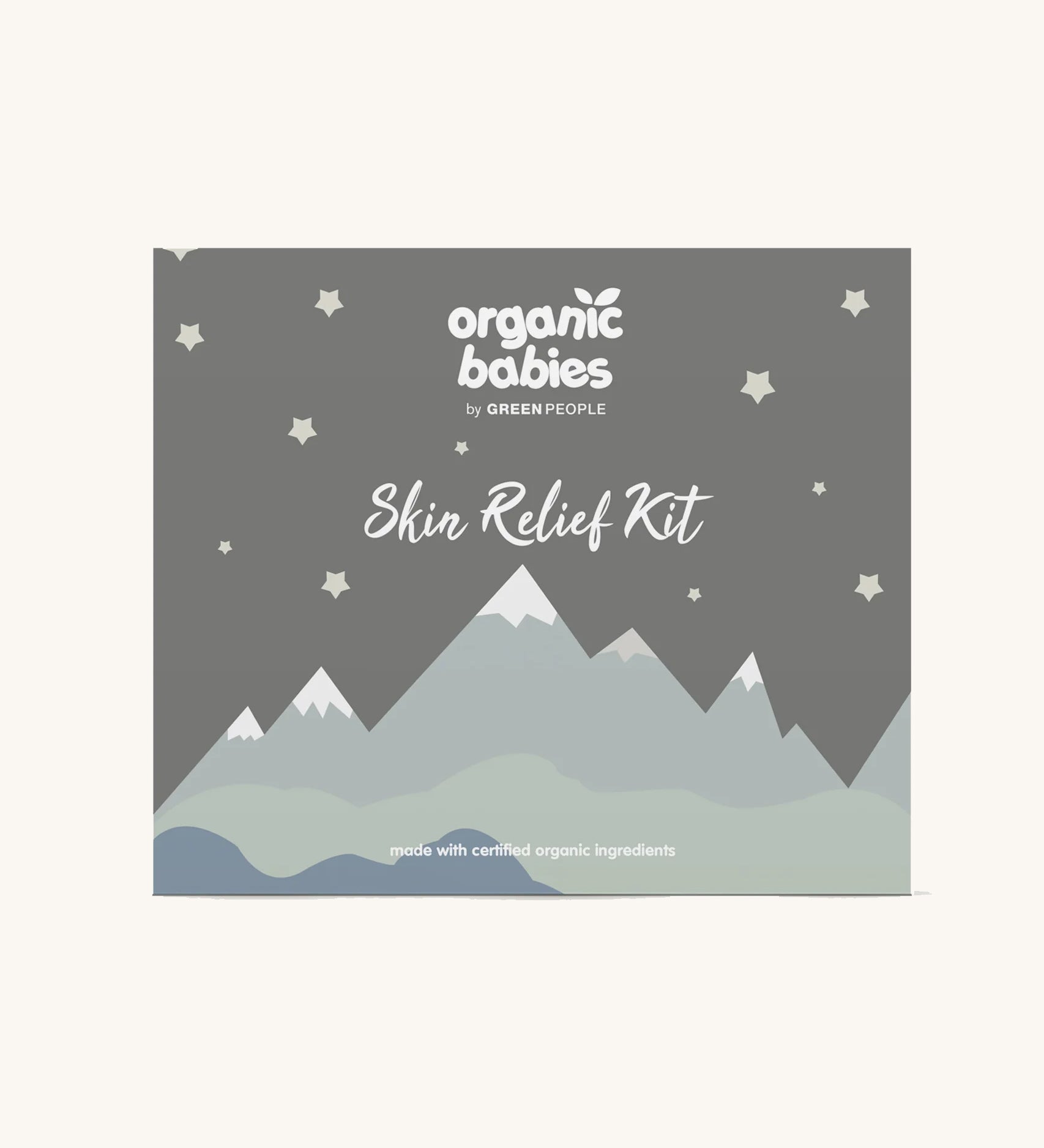 Organic Babies Skin Relief Kit gift box on a plain background. 