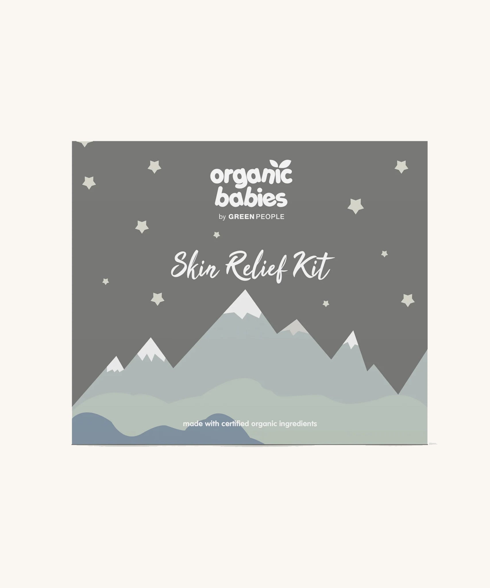 Organic Babies Skin Relief Kit gift box on a plain background. 