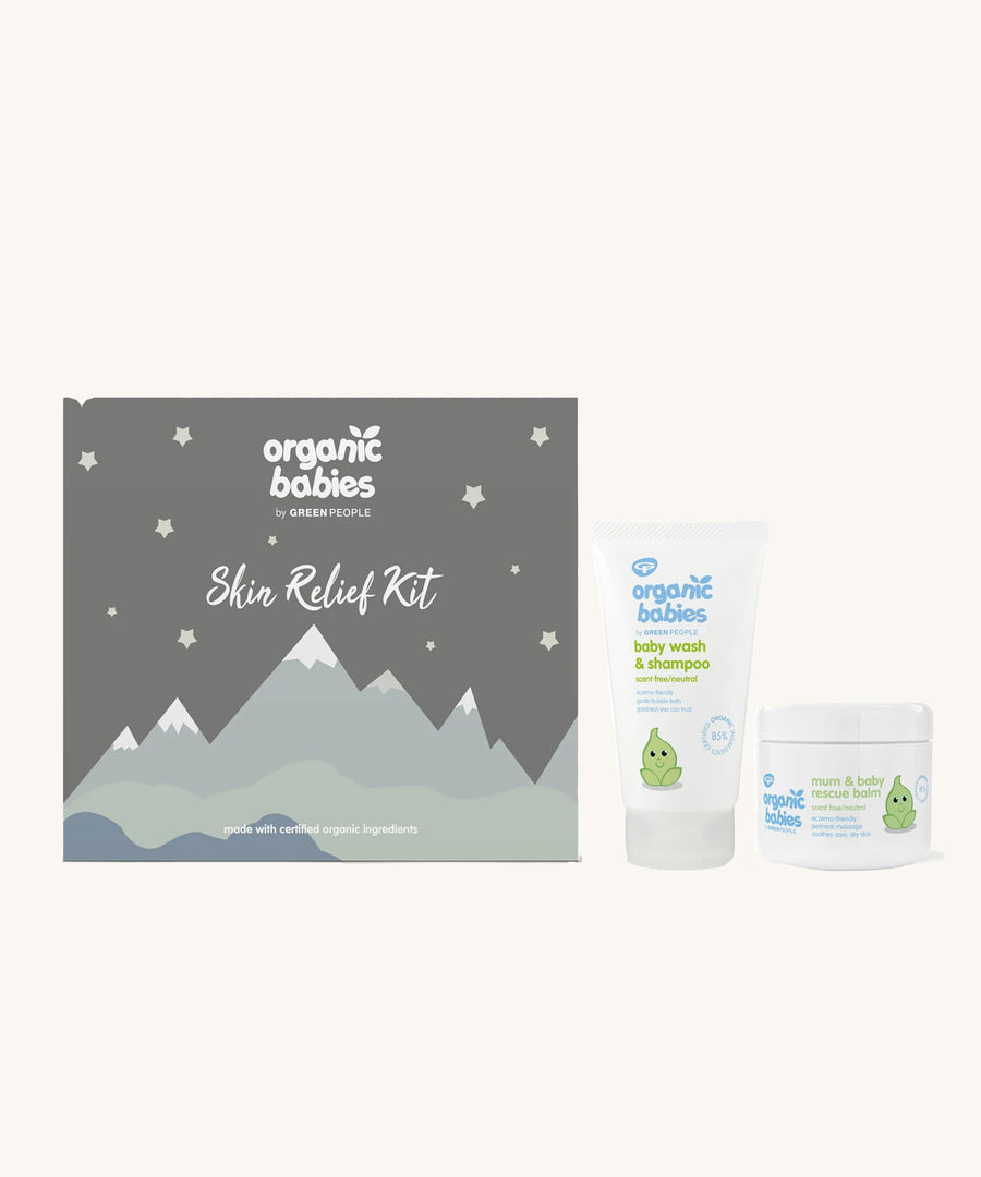 Organic Babies Skin Relief Kit gift box with products pictured next to it on a plain background. 