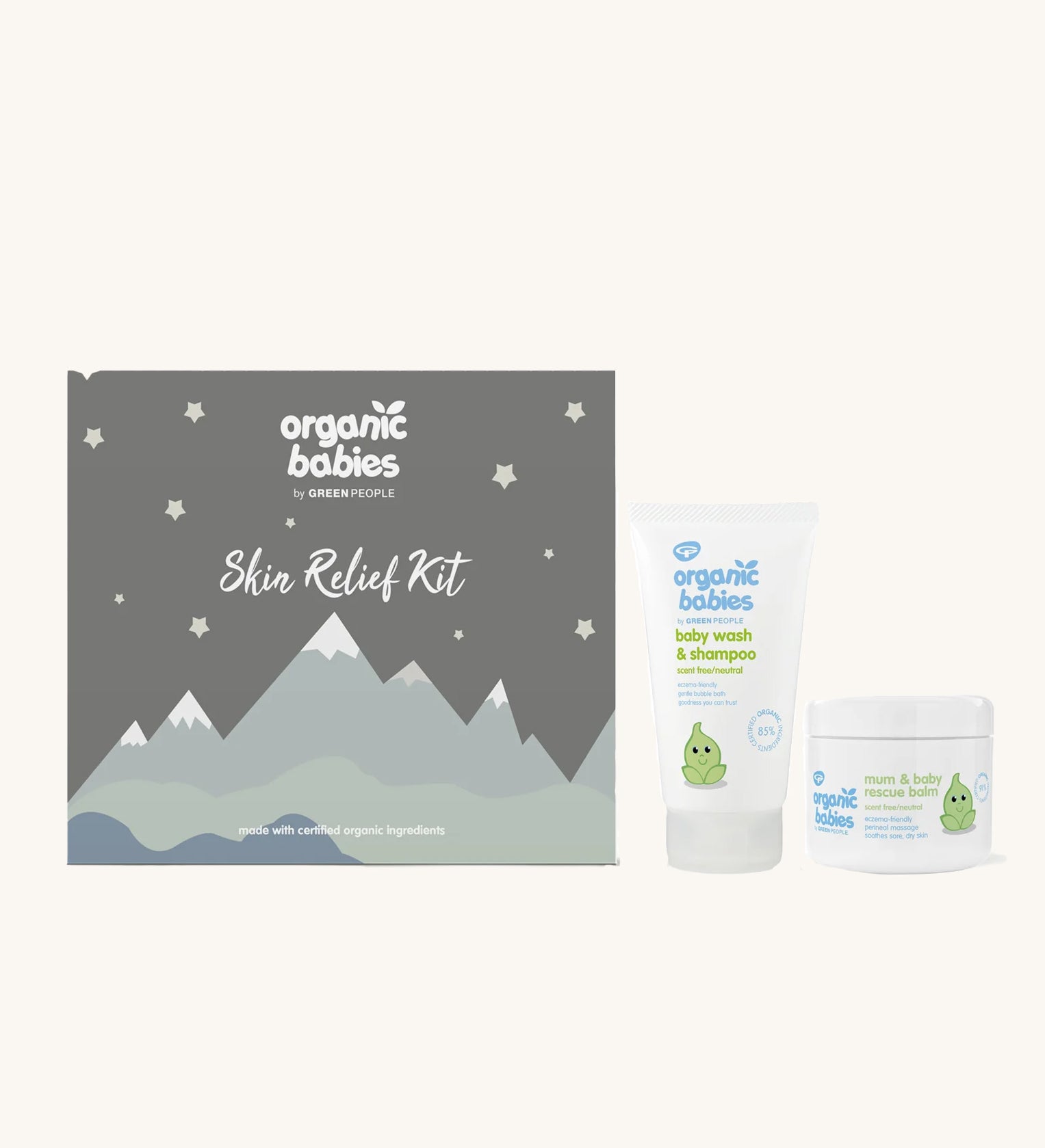 Organic Babies Skin Relief Kit gift box with products pictured next to it on a plain background. 