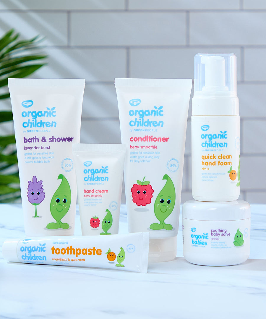 A collection of products from Green People's Organic Children collection of bath and body products. 