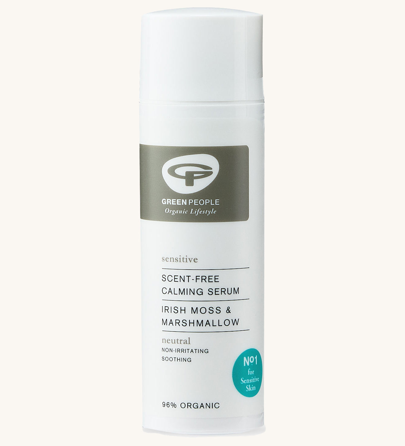 Green People Scent-Free Hydrating Calming Serum on a plain background. 